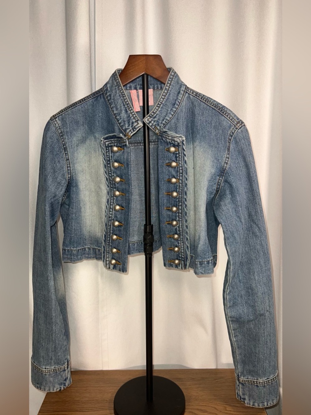 Cropped Denim Military Jacket Gold Button Y2K Fitted Western Festival - XL - Picture 2 of 6